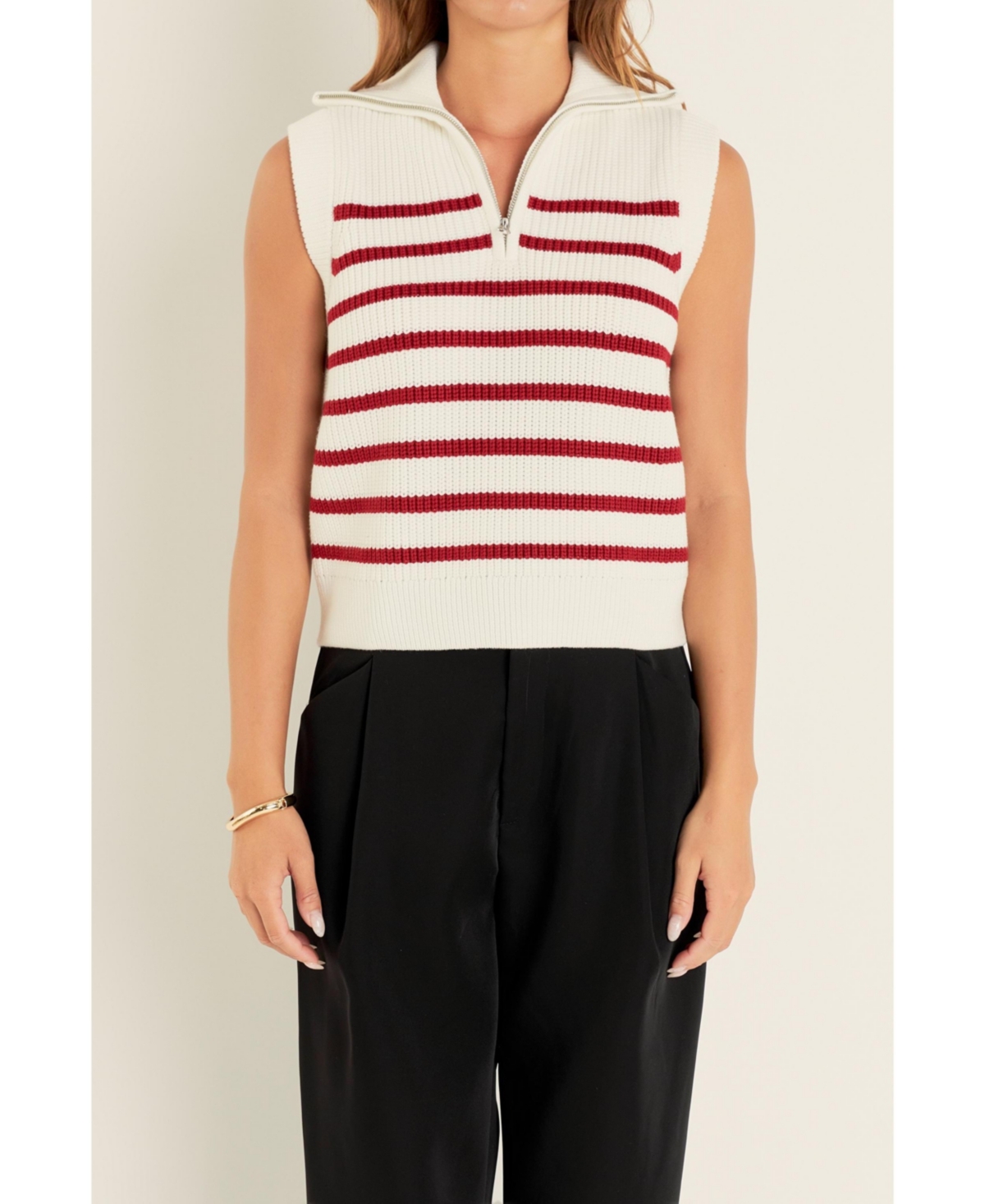 English Factory Women's Stripe Half Zip Up Sleeveless Knit Top -burgundy