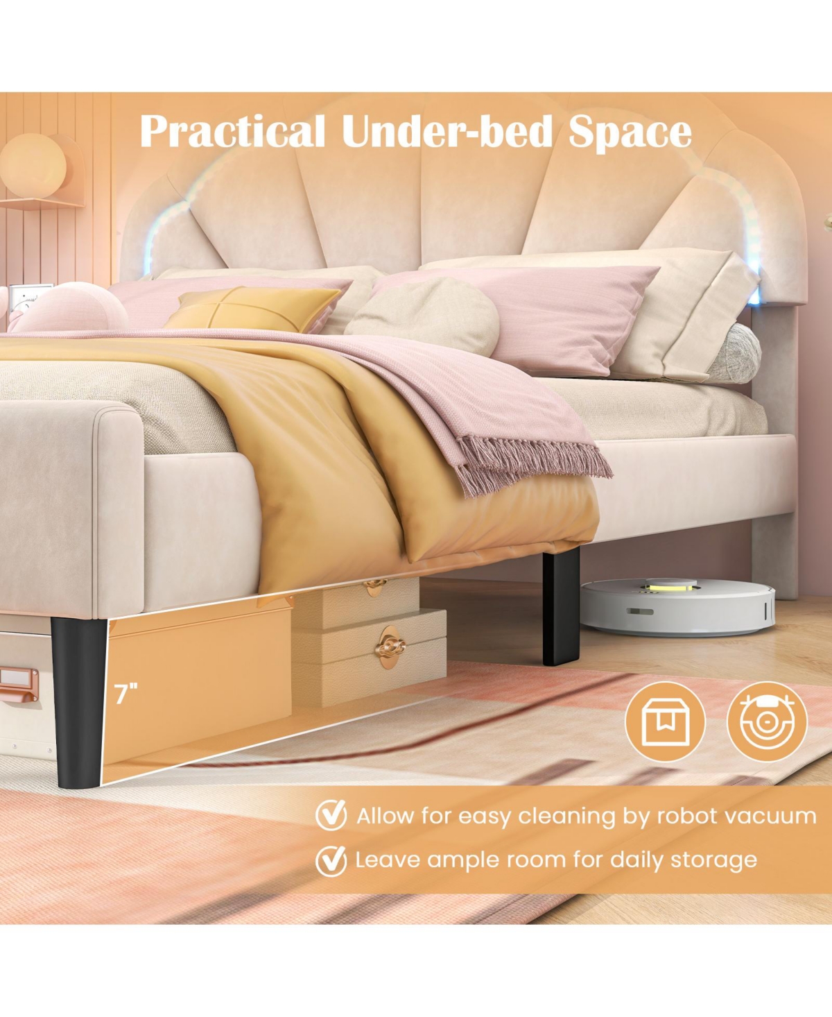 Gouun Upholstered Led Bed Frame with Adjustable Flower Headboard and Metal Support Feet-Fullkhaki