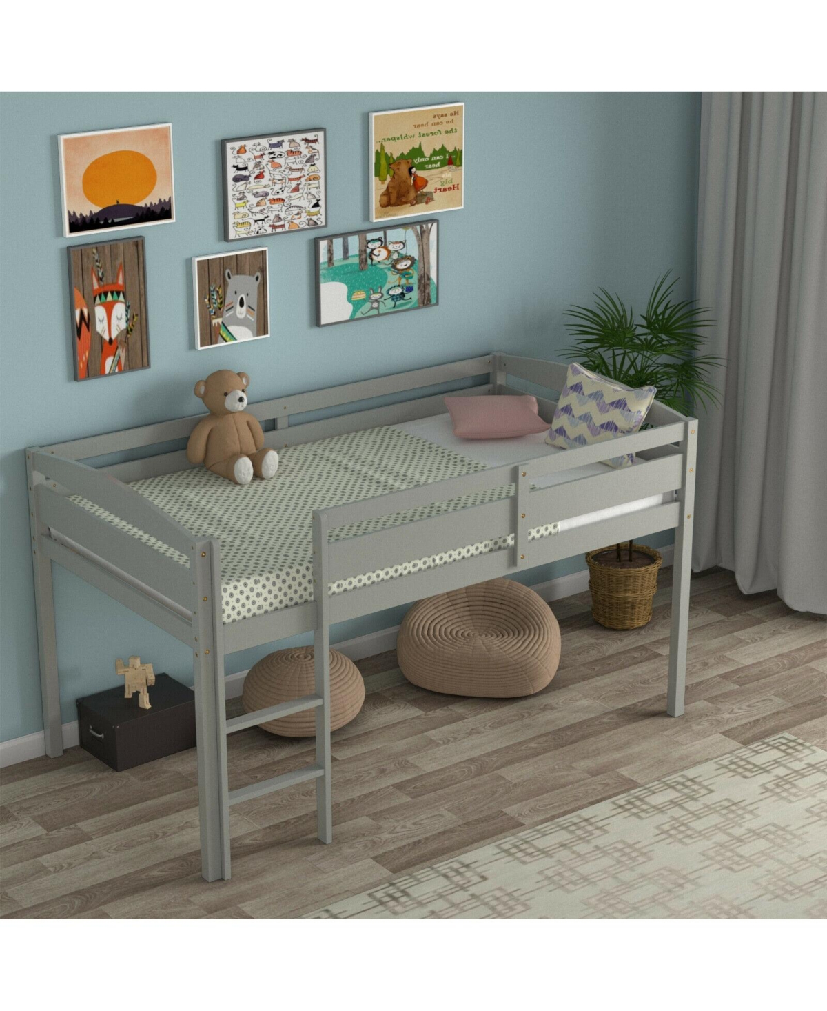 Gouun Wooden Twin Low Loft Bunk Bed with Guard Rail and Ladder