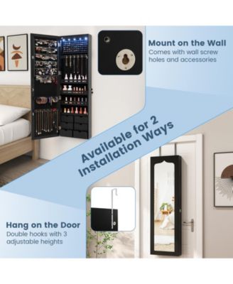 Lockable Wall Mounted Mirror Jewelry Armoire with 5 LEDs and 6 Drawers