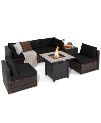 7PCS Patio Rattan Furniture Set 30'' Fire Pit Table Cover Cushion Sofa