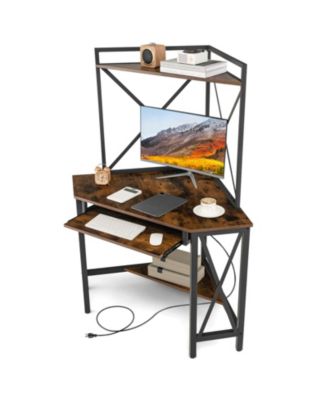 GOUUN Space-Saving Corner Computer Desk with with Hutch and Keyboard Tray-Rust