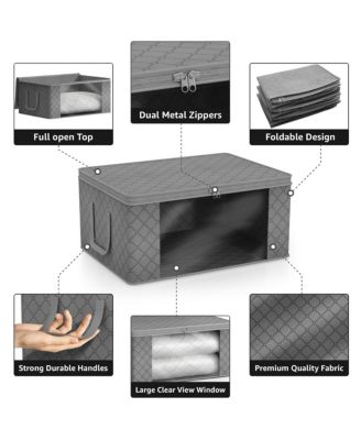 6 Pack Medium Foldable Clothes Storage Bags with Clear Window, Zipper Lid and Carry Handles - for Organizing Bedroom, Closet, Home (Grey)