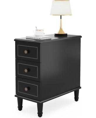 Solid Wood End Table, Fully Assembled Narrow Side Table with Drawers, Pre-Assembled Nightstand Slim Bedside Table, Black
