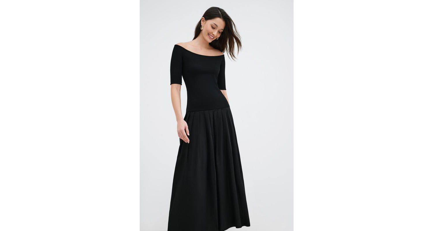 Women's Mila Off-Shoulder Dropped-Waist Pleated Cotton Dress with Pockets
