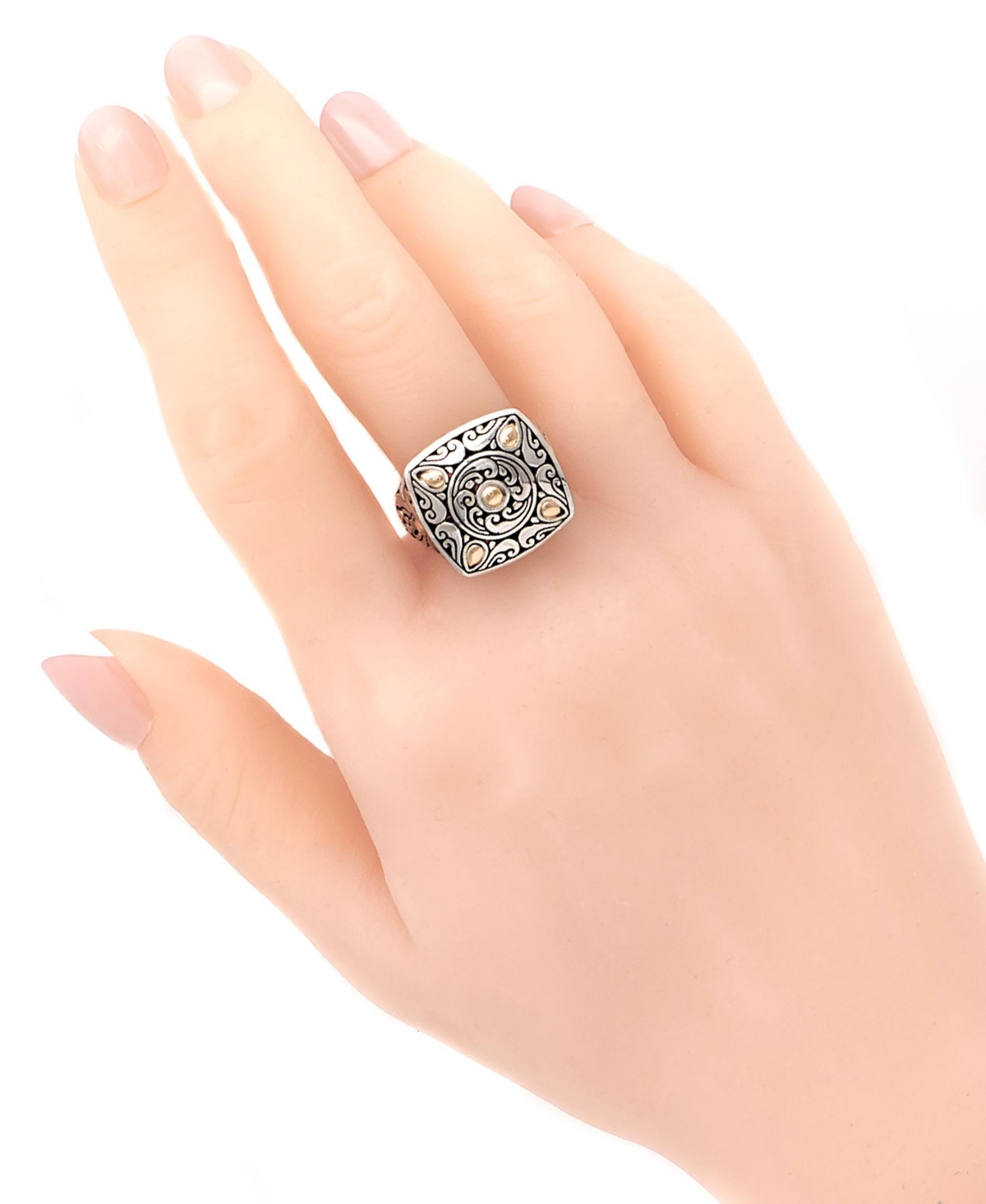Devata Bali Filigree Square Ring in Sterlingand 18K Gold Accents, Size - Silver, gold