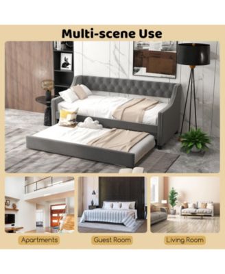 Twin Size Daybed with Trundle Sofa Bed with Curved Armrests and Backrest