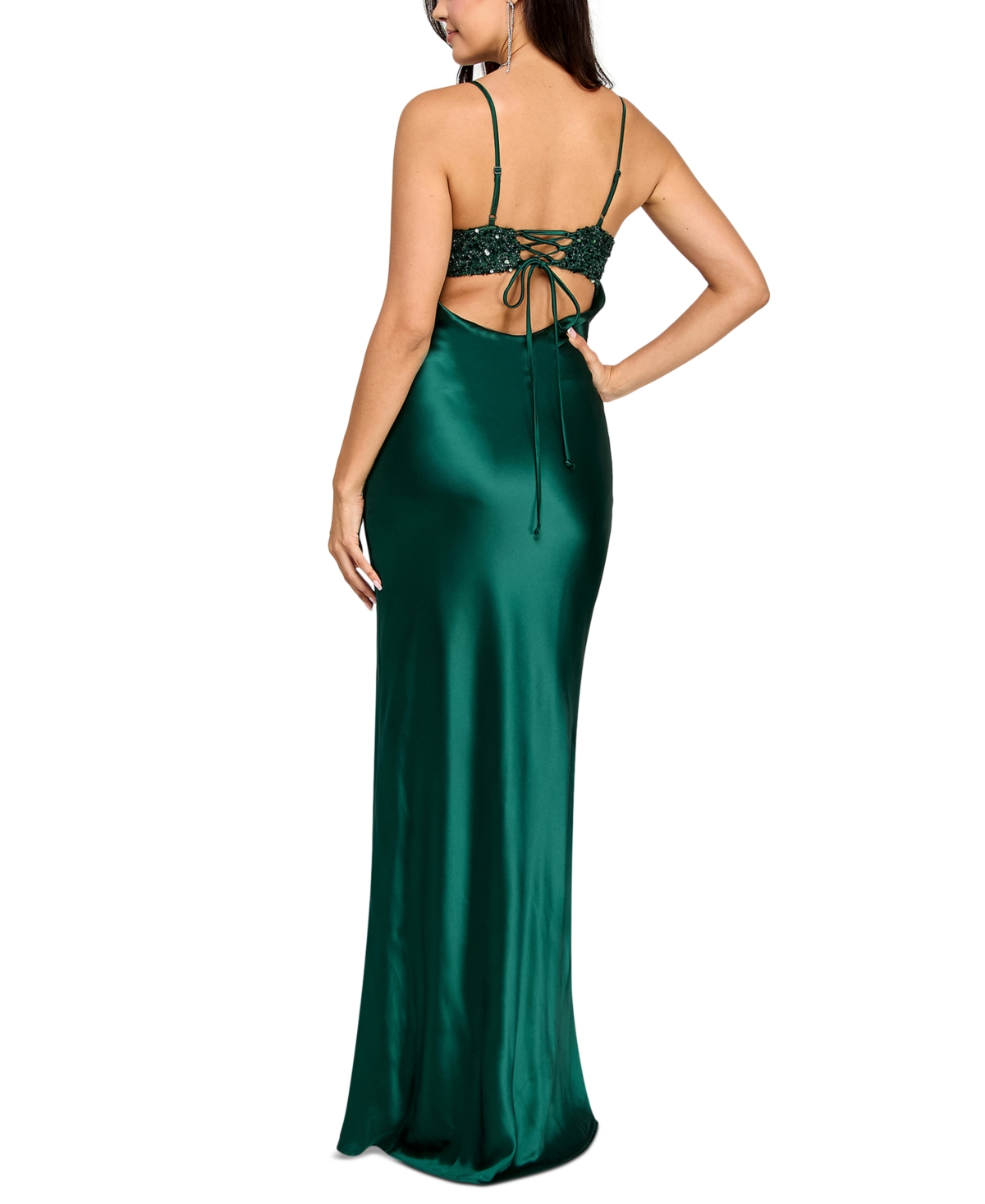 Sundae Juniors' Sequined-Top Lace-Up-Back Gown - Emerald
