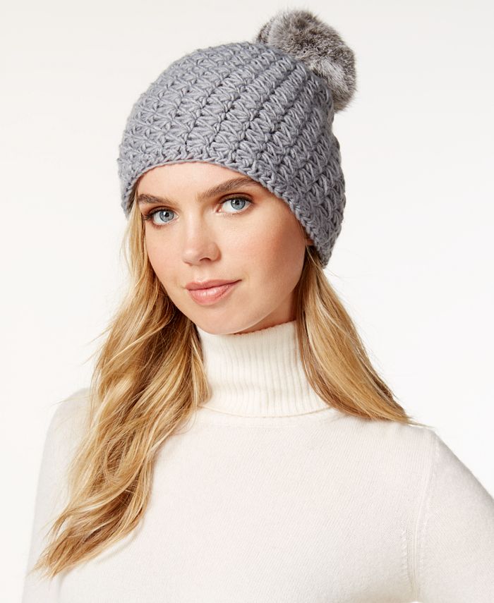 Surell Star Stitched Knit Rabbit Fur Pom Hat - Macy's