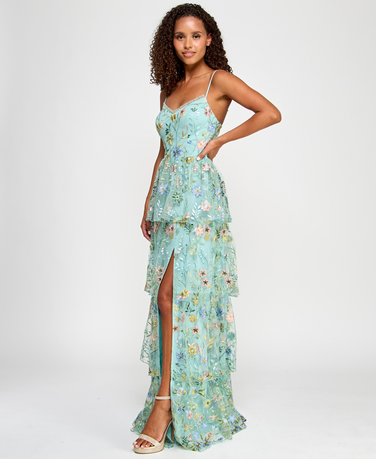 Shop City Studios Juniors' Ruffled Embroidered Tiered Gown, Created For Macy's In Mint Multi