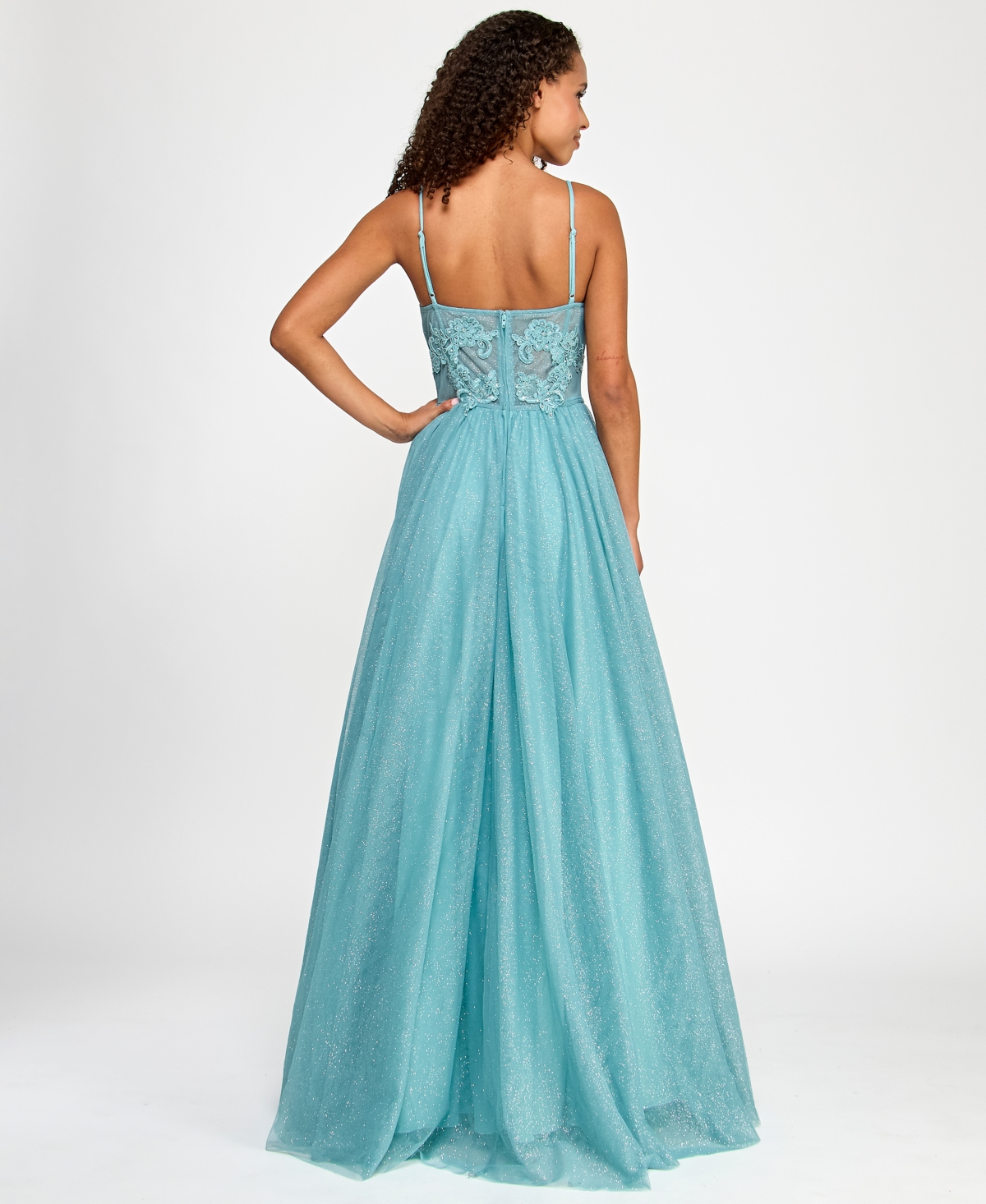 CITY STUDIOS JUNIORS' EMBELLISHED LACE-TRIM CORSET GOWN 