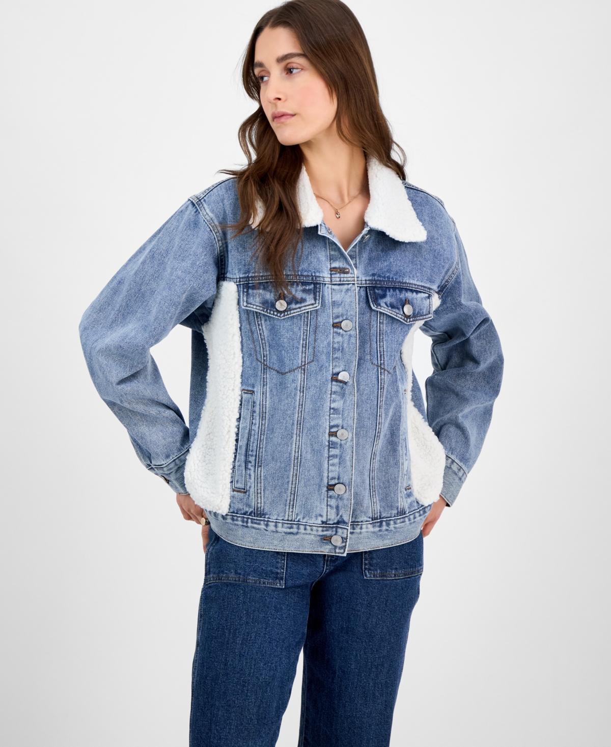MADDEN GIRL JUNIORS' FAUX-SHERPA BOYFRIEND DENIM JACKET 