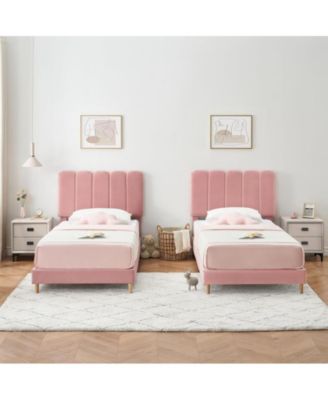 Pink Twin Bed Frame, Velvet Upholstered Platform Bed Frame with Headboard, Strong Wooden Slats, Noise-Free,No Box Spring Needed, Easy Assembly