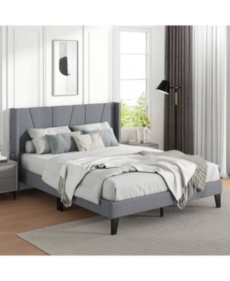 Queen Size Bed Frame with Wingback Headboard and Wood Slat Support-Queen Size