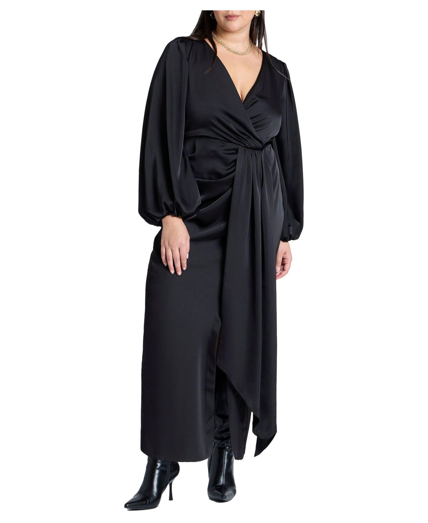 Women's Pleated Satin Puff-Sleeve Maxi Dress