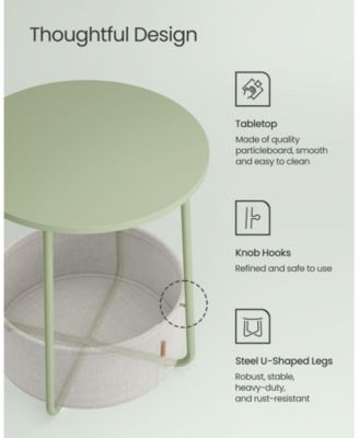 Small Round Side End Table, Modern Nightstand with Fabric Basket