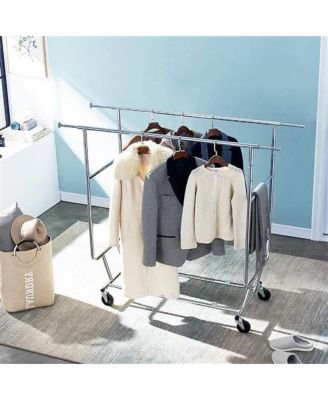 Heavy Duty Double Bar Clothes Hanging Garment Rack on Lockable Wheels Durable and Secure
