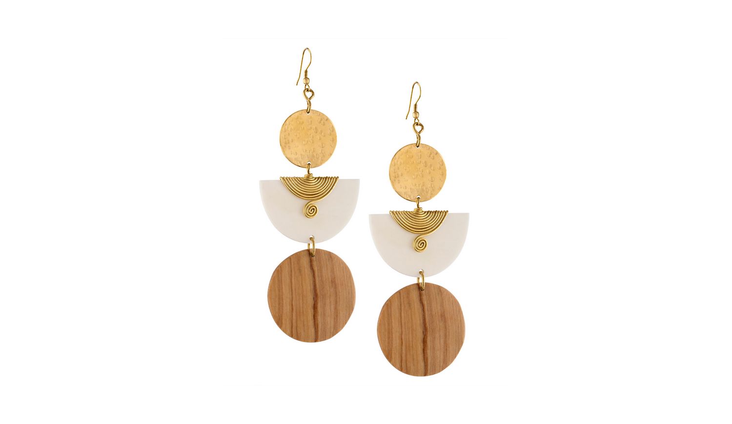 Kazuri Geometric Wood & Brass Drop Earrings – Handmade Boho Statement Jewelry