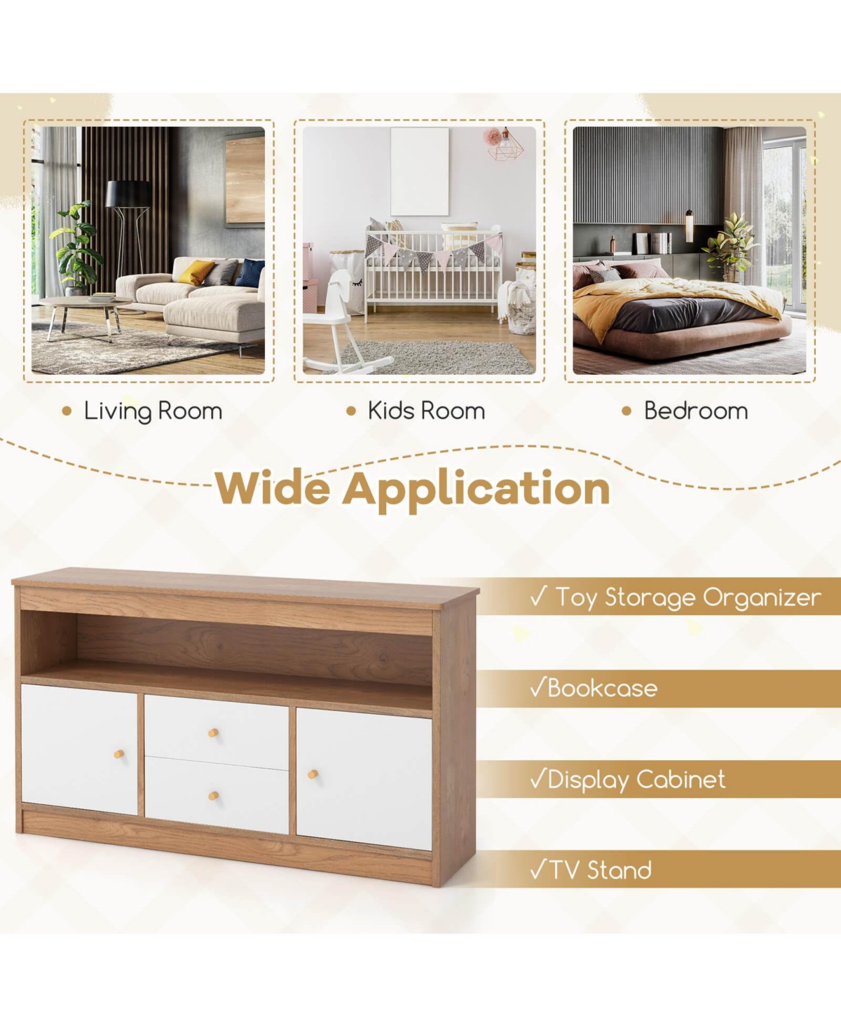 Costway Kids Toy Storage Organizer Wooden Children Bookshelf Storage Chest with Open Shelf