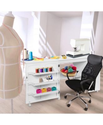 Folding Sewing Table Shelves Storage Cabinet Craft Cart with Wheels