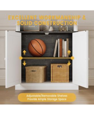 Tall Storage Bookcase with 3-Tier Open Shelves and Double Door, Roman Column Design and 4 Adjustable Lights, White & Black Wood Grain Display Storage Cabinet for Home Office, Living Room