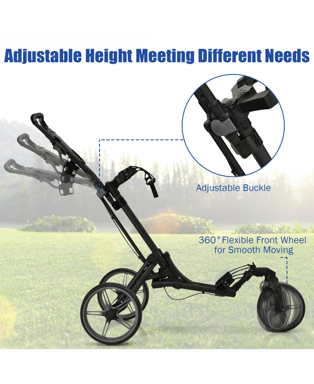 Gymax 3 Wheels Foldable Golf Push Pull Cart Trolley w/ Adjustable Handle Brake