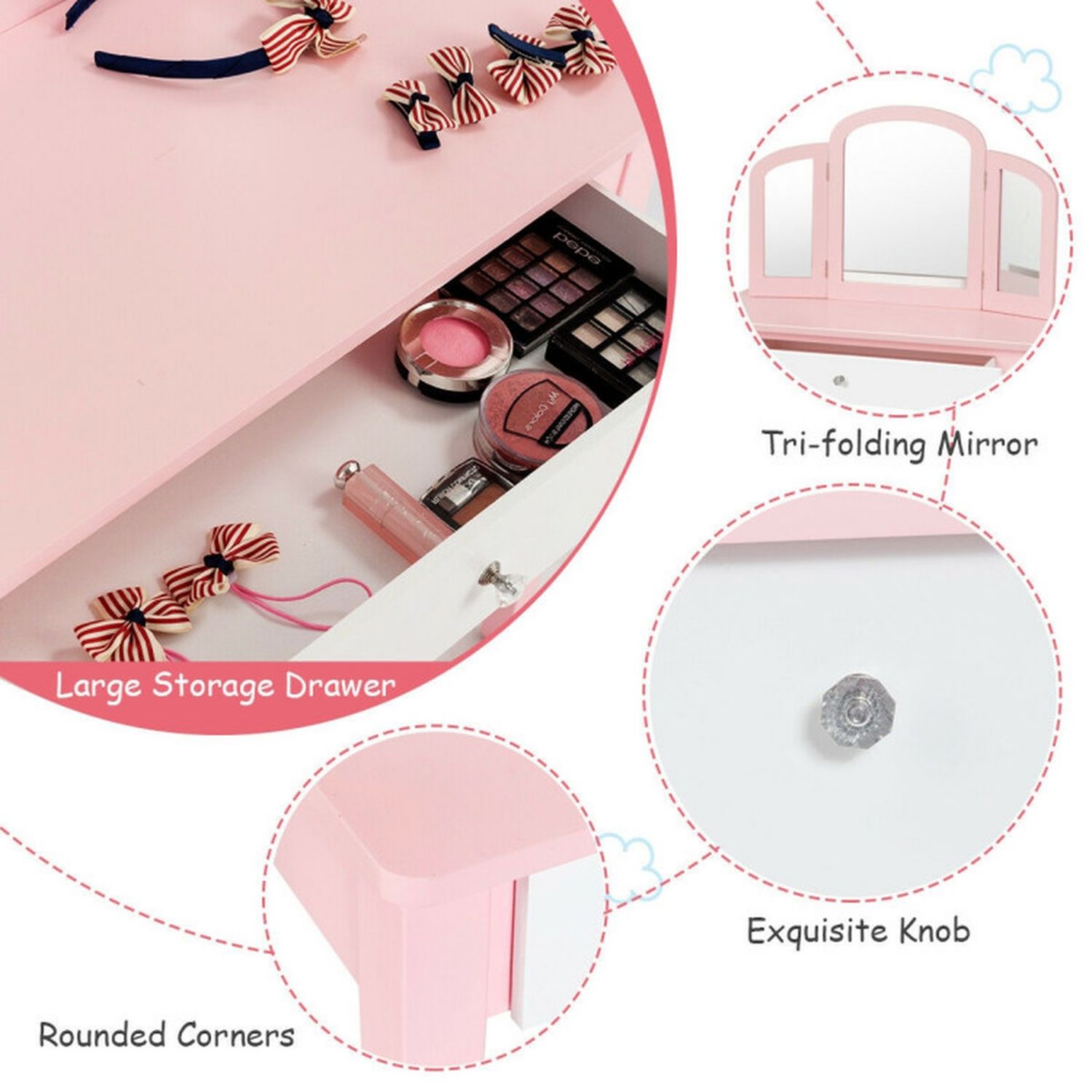 Kids Princess Vanity Dressing Table Set with Tri-Fold Mirror and Chair