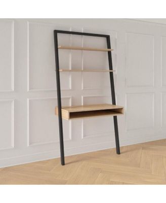 Farmhouse Rustic Leaning Ladder Writing Desk with 2 Shelves for Storage