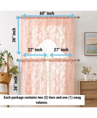 Butterfly Floral Lace - Sheer 3 Piece Kitchen Curtains Set, Light Filtering Transparent Window Swag Valance + 36 inch Tiers Set