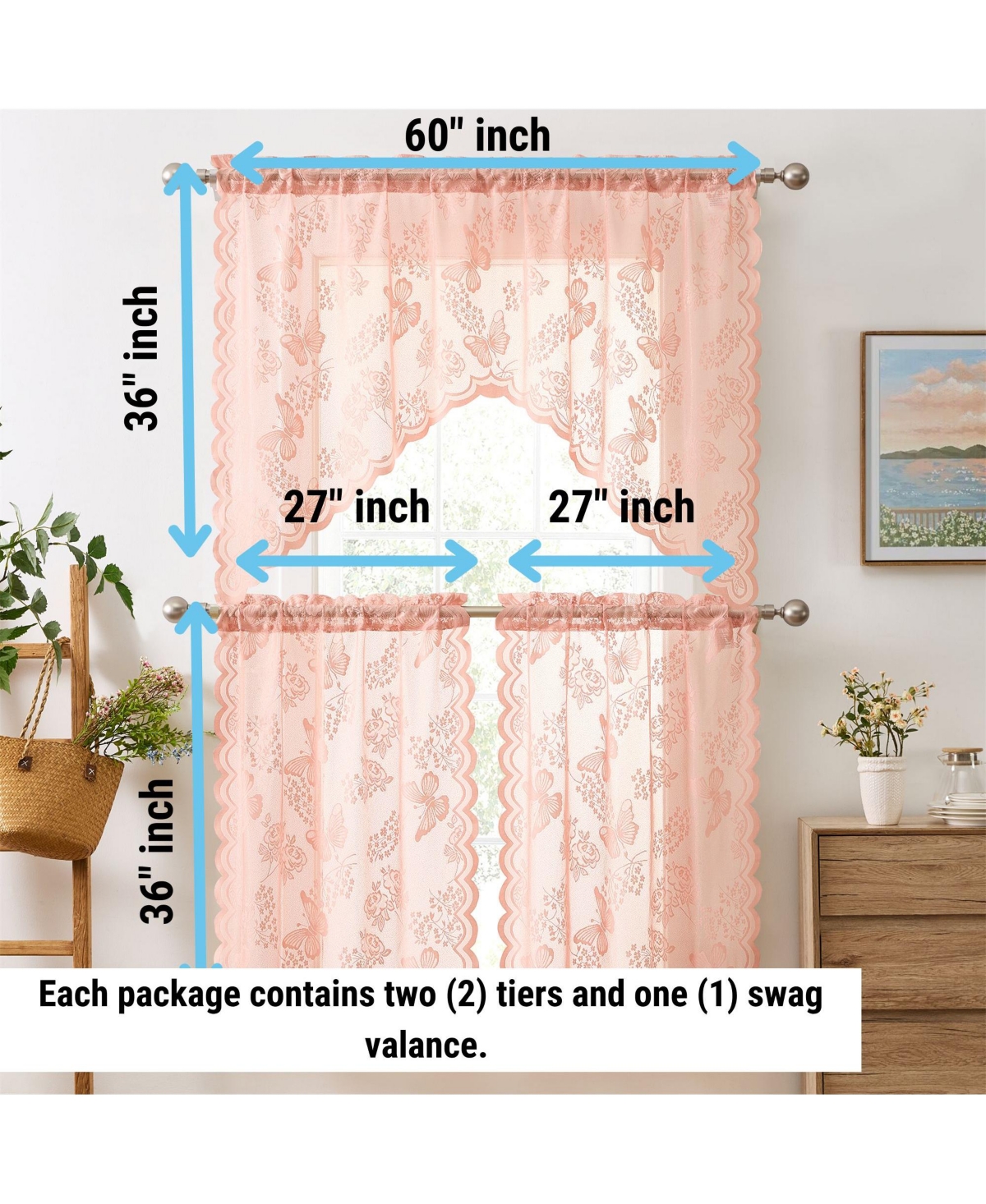 Hlc.me Butterfly Floral Lace - Sheer 3 Piece Kitchen Curtains Set, Light Filtering Transparent Window Swag Valance + 36 inch Tiers Set