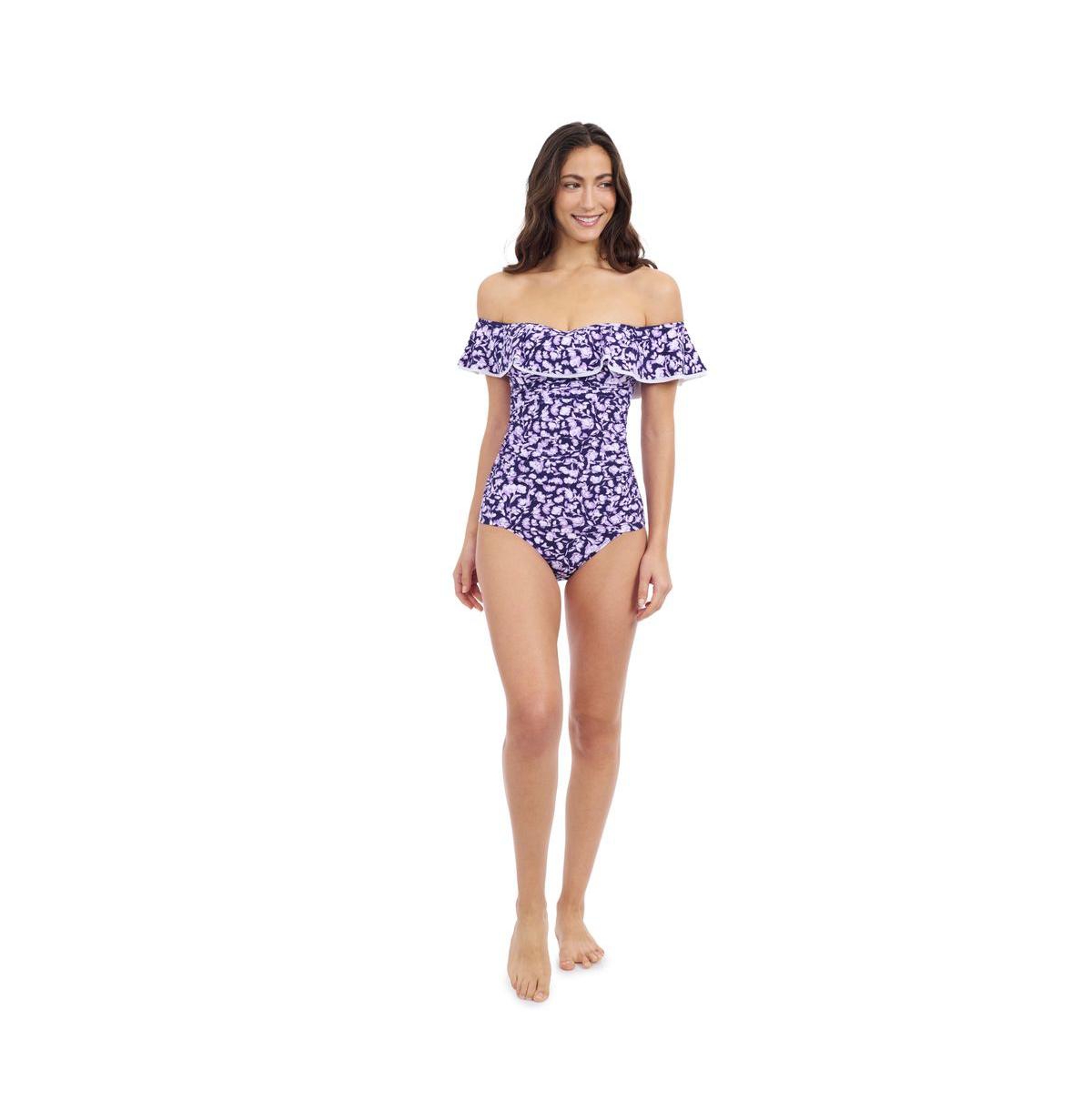 Women's Juliette Off Shoulder Ruffle Tankini Soft Cups - Navy