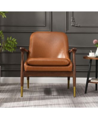 9.2'' Mid-Century Faux Leather Accent Chair with Cushioned Seat, Solid Wood Frame, and Brass-Tipped Legs，Brown
