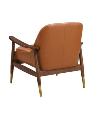 9.2'' Mid-Century Faux Leather Accent Chair with Cushioned Seat, Solid Wood Frame, and Brass-Tipped Legs，Brown