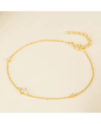 18K Gold Plated Sterling Silver Dainty Cable Chain Bracelet with Marquise, Pear, and Round Cut Cubic Zirconia Accents