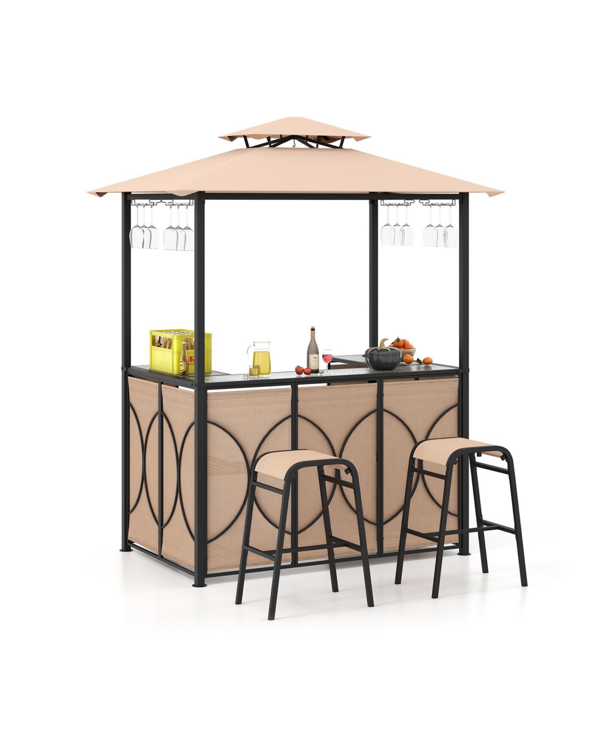 3-Piece Patio Bar Set Grill Gazebo & 2 Bar Stools with Tempered Glass Bar Table - Brown