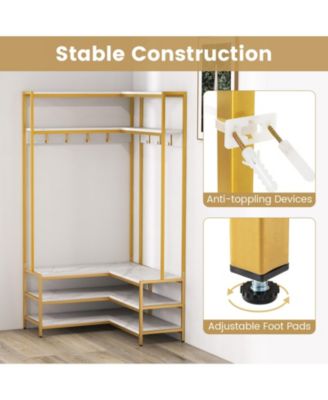 Corner Garment Rack with Open Shelves and 7 Hooks Shoe Bench