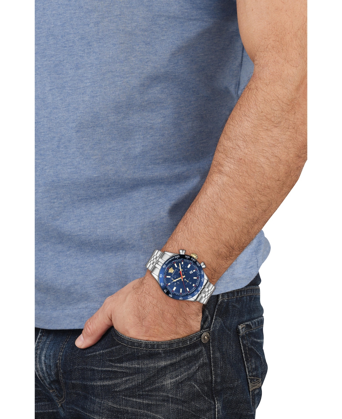 Versace Men's Hellenyium Silver Stainless Steel Bracelet Watch, 44mm In Silver,blue