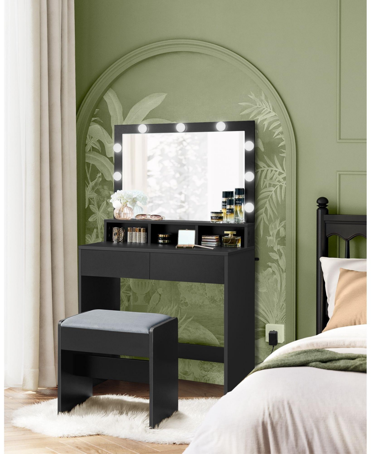 Slickblue Vanity Desk with Mirror and Lights, Makeup Vanity with Upholstered Vanity Stool