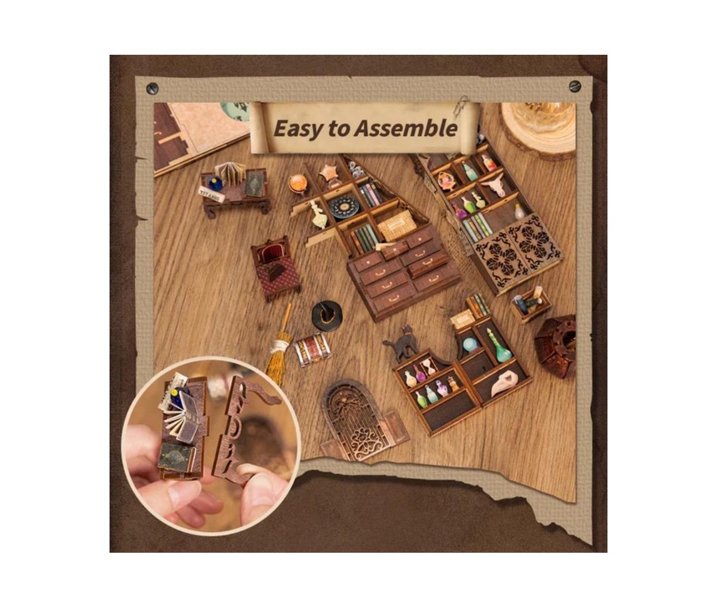 Детские конструкторы Cutebee Magic Pharmacist LED Light Book Nook Kit, 282-Piece Building Set, Ages 14+, цвет: Коричневый — фото 10
