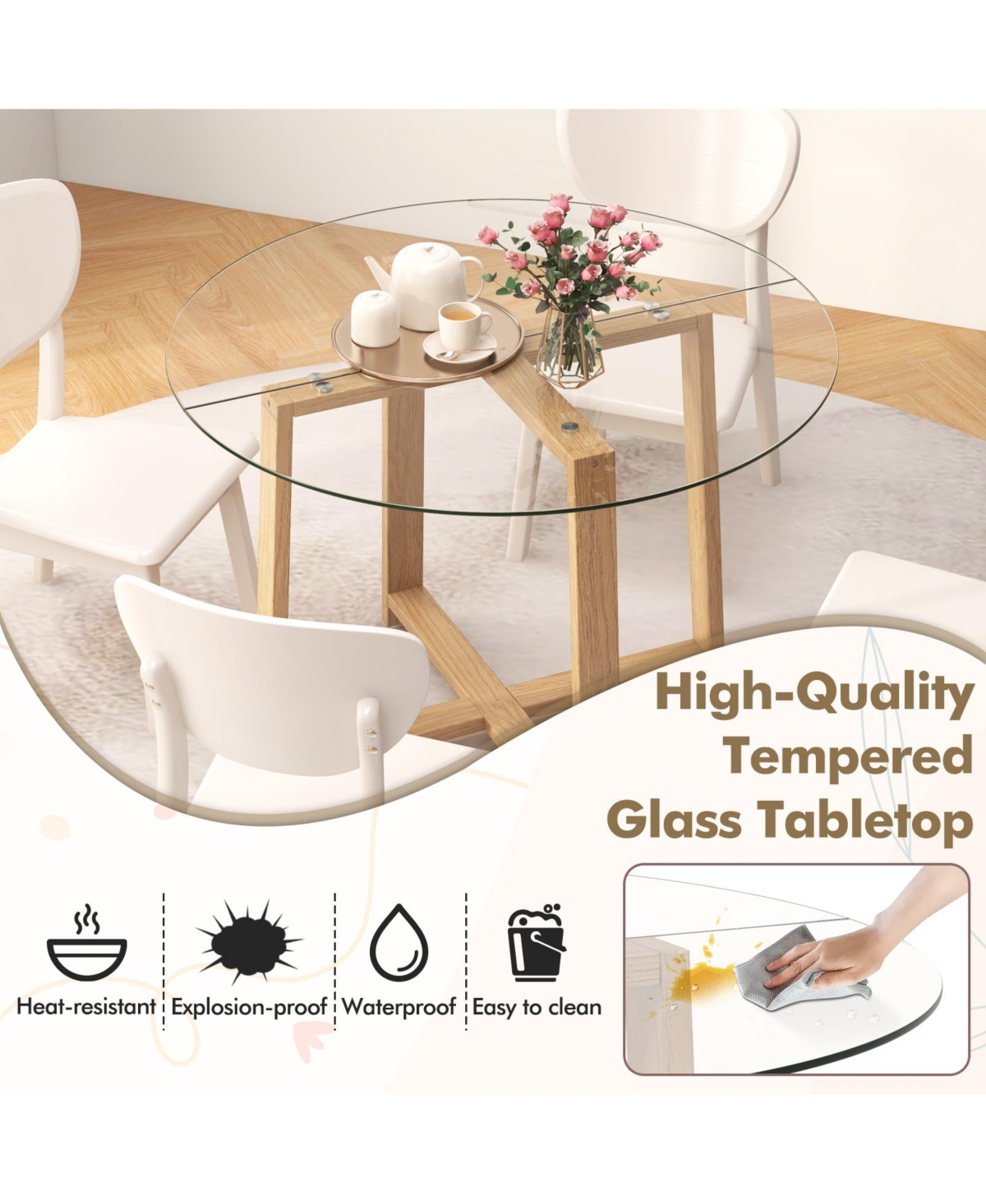Gouun Inches Round Glass Dining Table with Tempered Glass Tabletop and Rubber Wood Legs