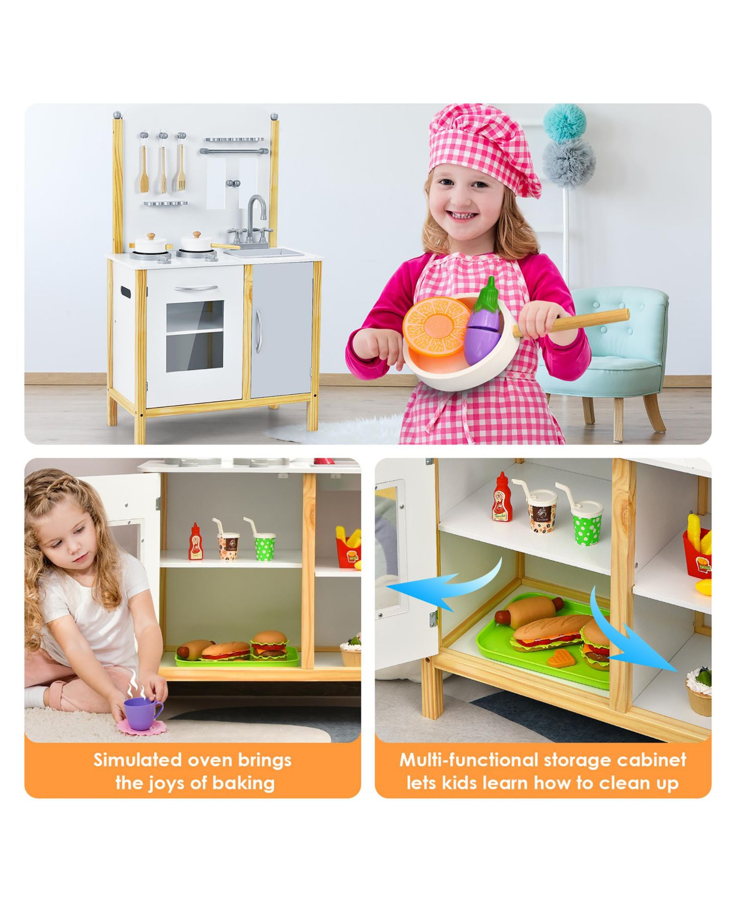 Детские игрушки Costway Play Kitchen with Storage Cabinet 6-Piece Set, Ages 3+, цвет: Белый — фото 8