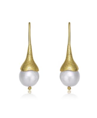 Sterling Silver 14K Gold Plated with Genuine Freshwater Pearl Hook Earrings