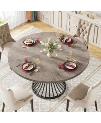 Dining Table, 47-Inch Round Wood and Metal, Seats 4–6 with Industrial Base, Space-Saving Design for Kitchen and Living Room