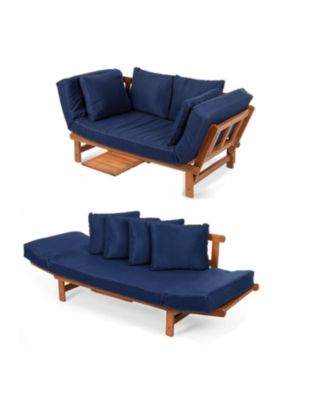 Outdoor Acacia Wood Convertible Sofa Futon with 4 Removable Pillows for Patio Relaxation