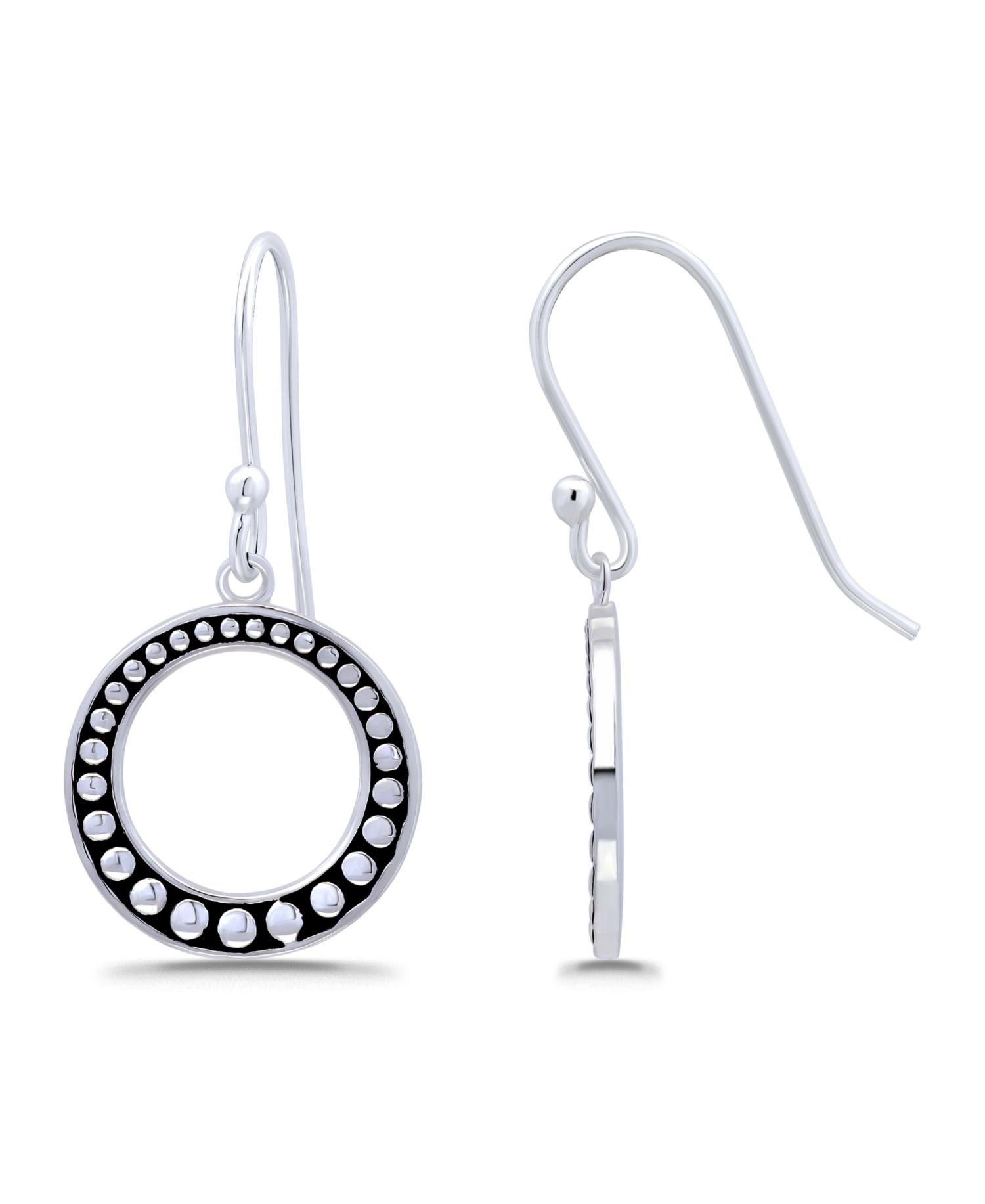 Oxidized Beaded Open Circle Fish-Hook Earrings