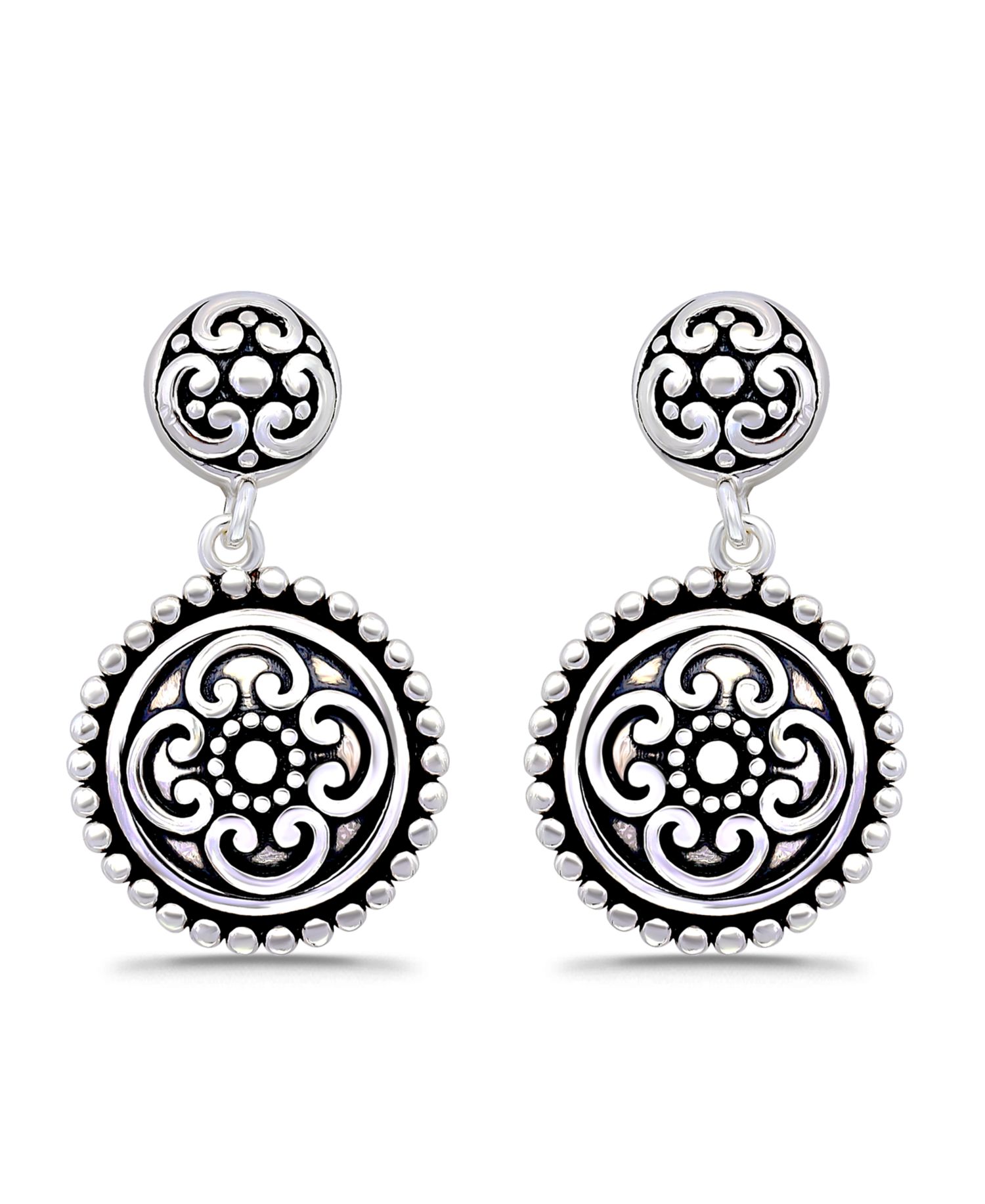 Oxidized Round Celtic Style Post Drop Earrings