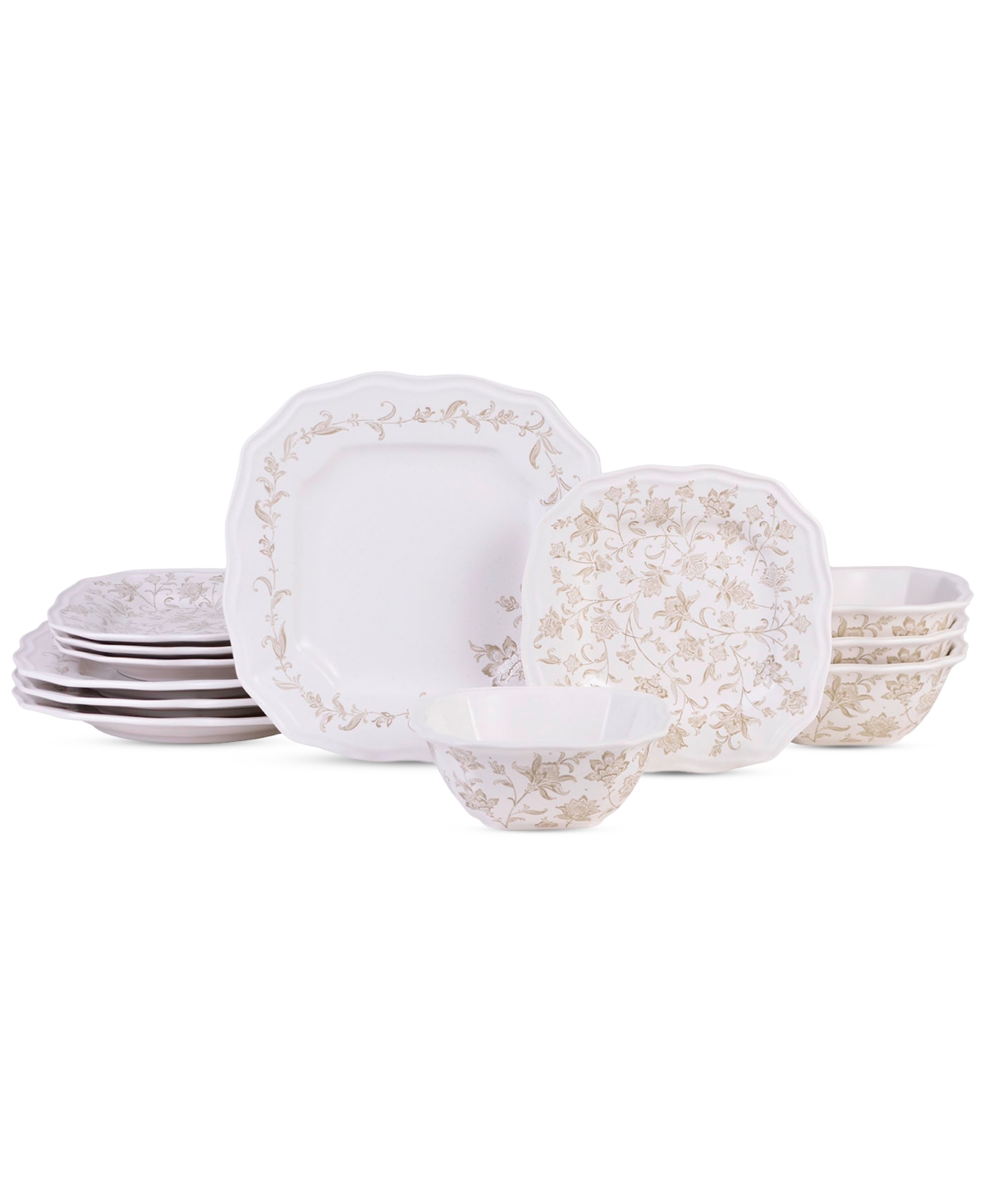 Batik Toile Taupe Porcelain 12 Pc. Dinnerware Set, Service for 4 - Brown