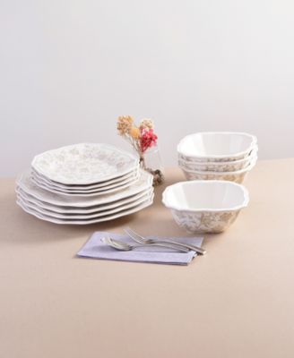 Batik Toile Taupe Porcelain 12 Pc. Dinnerware Set, Service for 4