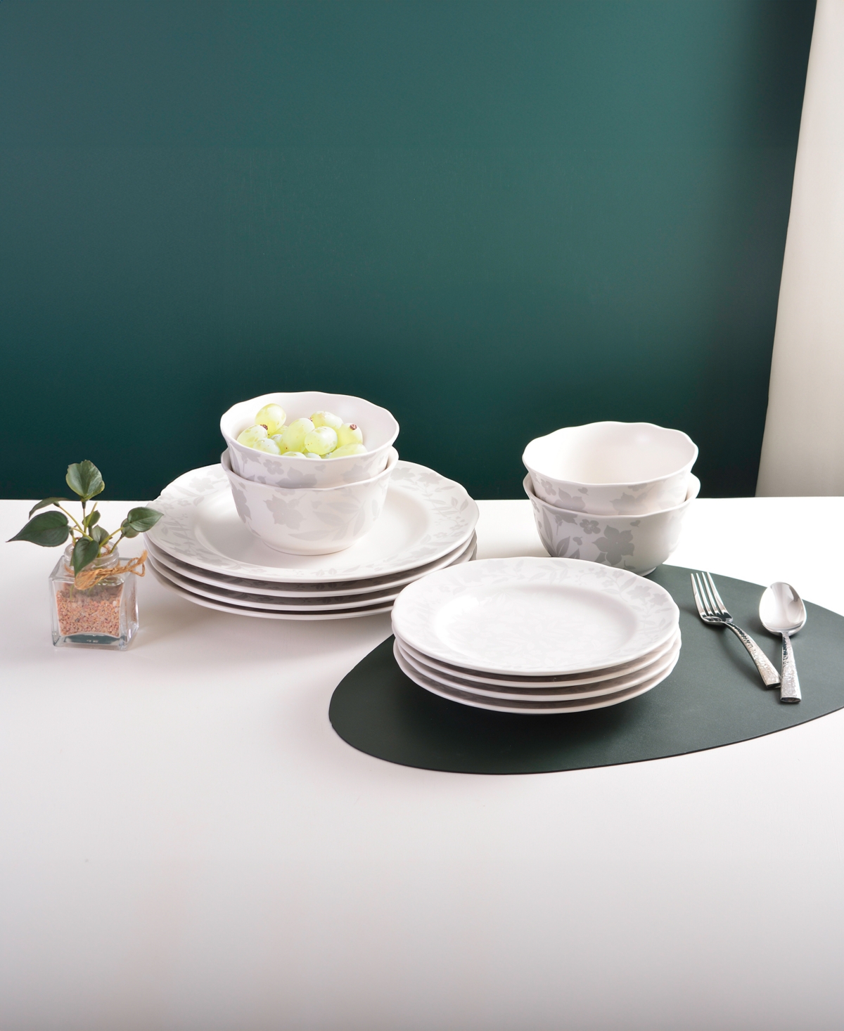 222 Fifth Refreshed Floral White Porcelain 12 Pc. Dinnerware Set, Service for 4