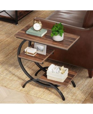 C-Shaped End Table Set of 2, Industrial 3-Tier Small Side Table for Couch, Wood Bedside Table Snack Side Table with Storage Shelves